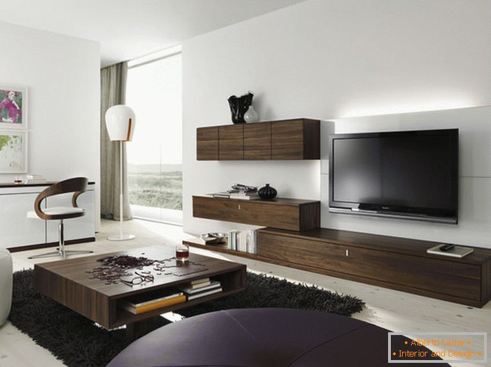 Мебелният комплект за хол с цвят венге изглежда екологично в модерен интериор.