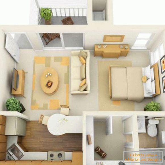 Проектиран проект за интериора на едностаен апартамент в модерен стил