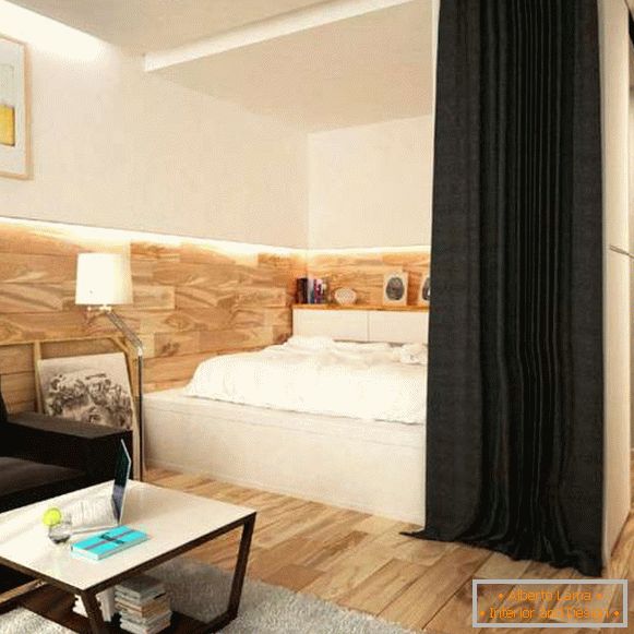 Интериорен дизайн на малък апартамент - отделяне на спалнята с пердета