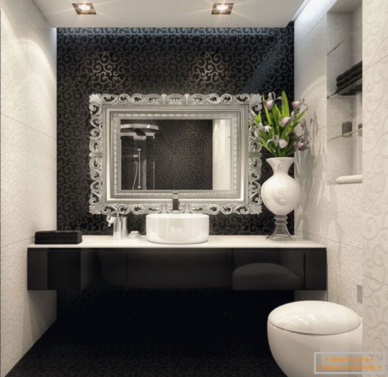 красив интериор-дизайн-на-малка стая-с-черно-бяло-баня-декорация-също-лампи