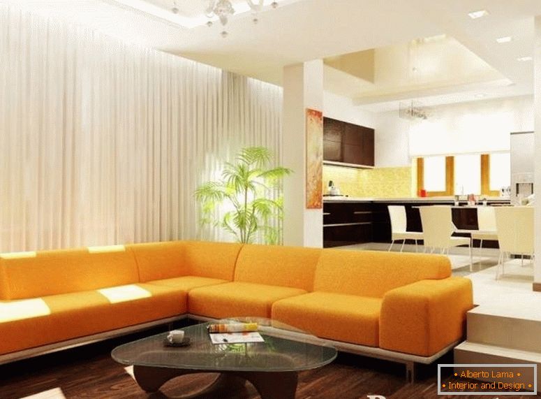 Оранжев ъглов диван в интериора