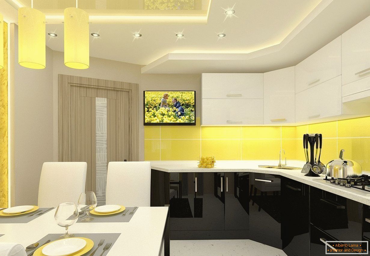 Жълто-бял кухненски интериор в апартамента