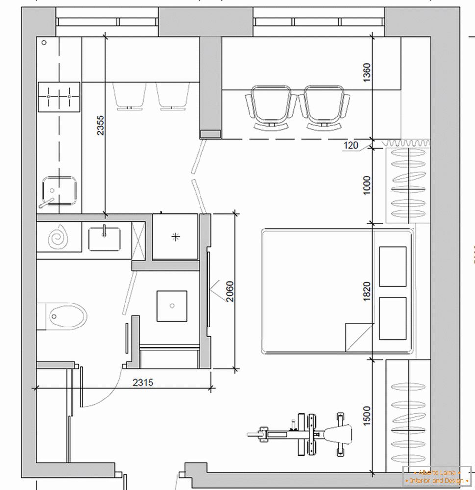 Разпределение на апартамента 30 квадратни метра. м в пастелни цветове