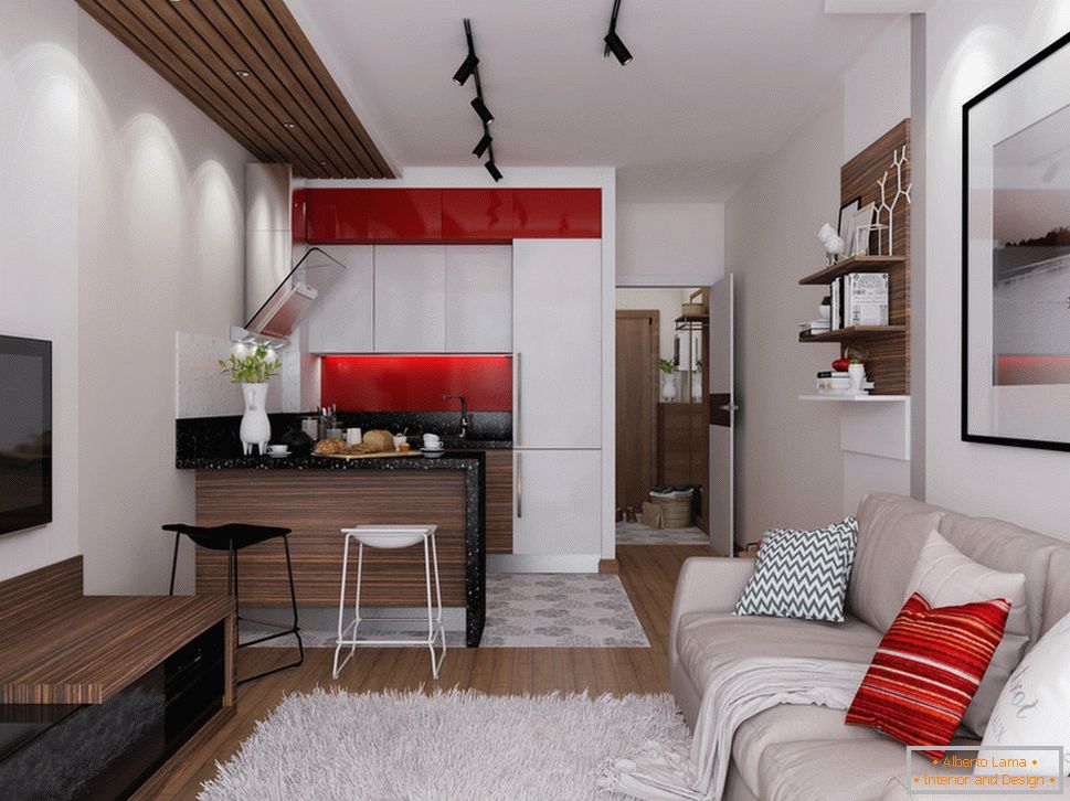 Дизайн на апартамент 30 кв. М. м с червени акценти