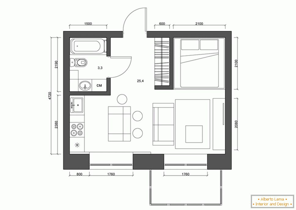 Разпределение на апартамента 30 квадратни метра. м в черно и бяло