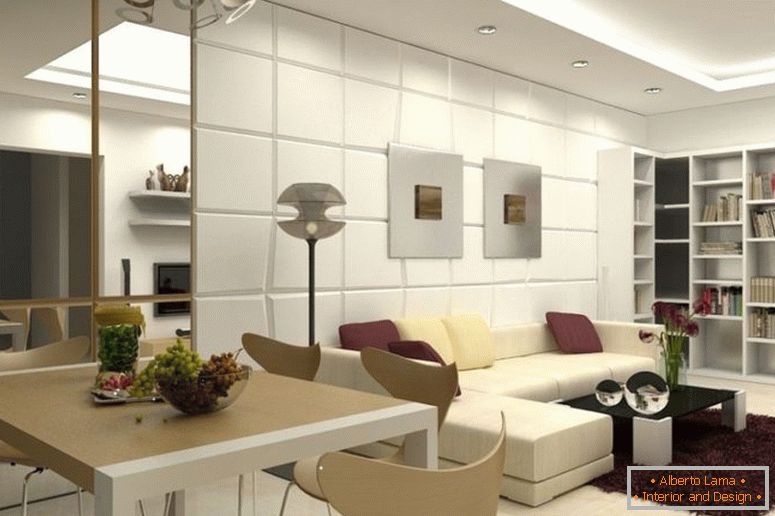 вдъхновяващо-модерен-трапезария-и-дневна-дизайн-за-малък апартамент-с-бежово-кожа сечение-разтегателен и-черно стъкло масичка за кафе-по-розови-кафяв-килими-мон- добре, както-хладно-ъглови-дървени лавици--1120x7