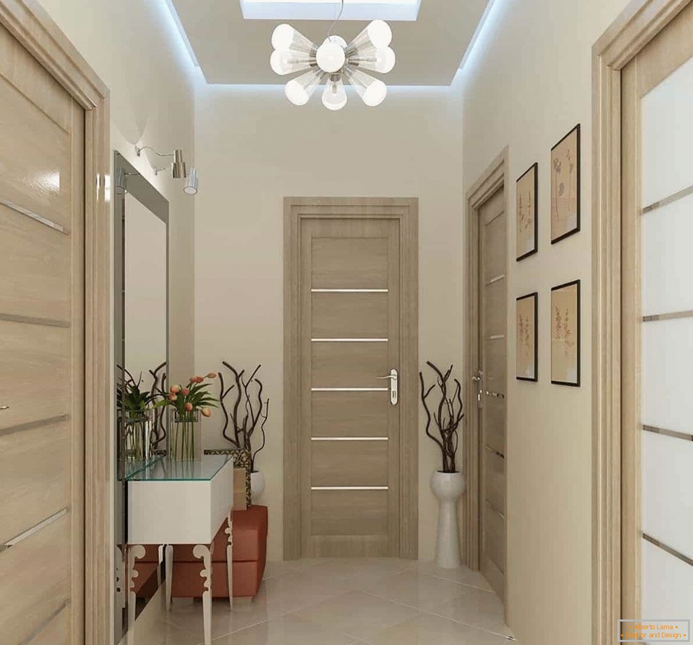 Светлинен коридор, комбинация от цветове на стените и вратите