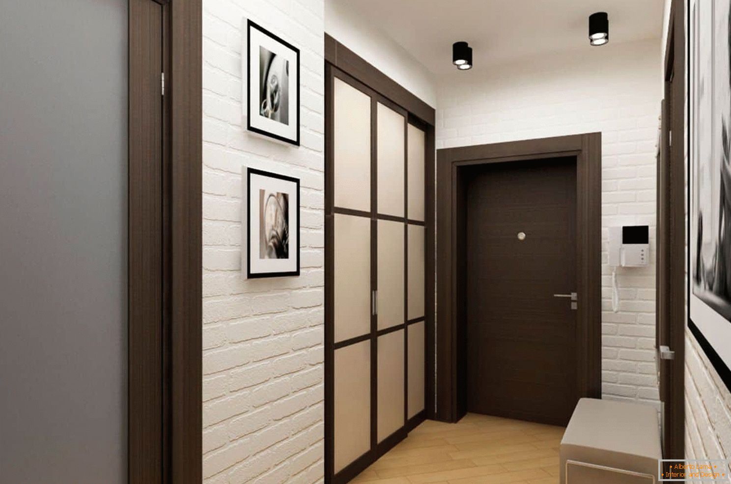 Интериорен дизайн на малък коридор с гардероб и табуретка