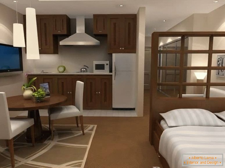 На този дизайн можете да видите как да разделите спалното помещение в малък апартамент