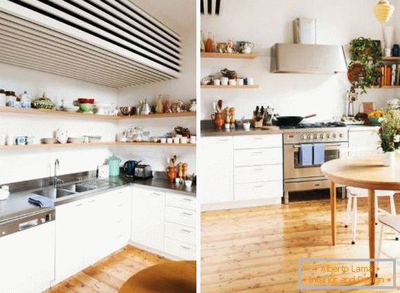 Скандинавски кухненски дизайн в Хрушчов - на снимката с отворени рафтове