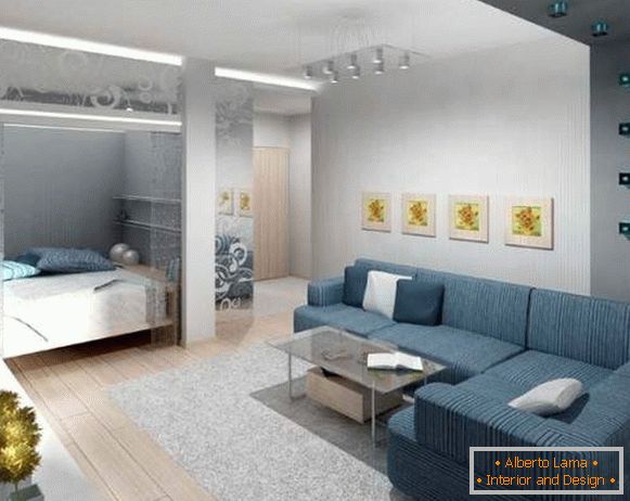Едностаен апартамент дизайн: разделени на две зони спалня и зала