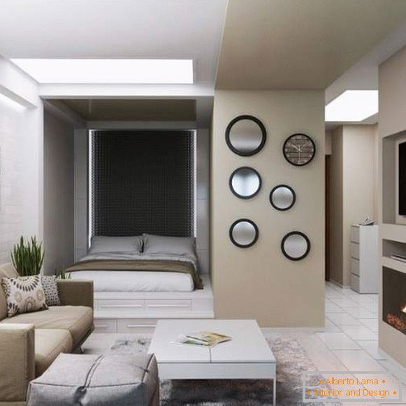 Интериорен дизайн на едностаен апартамент със спален кът