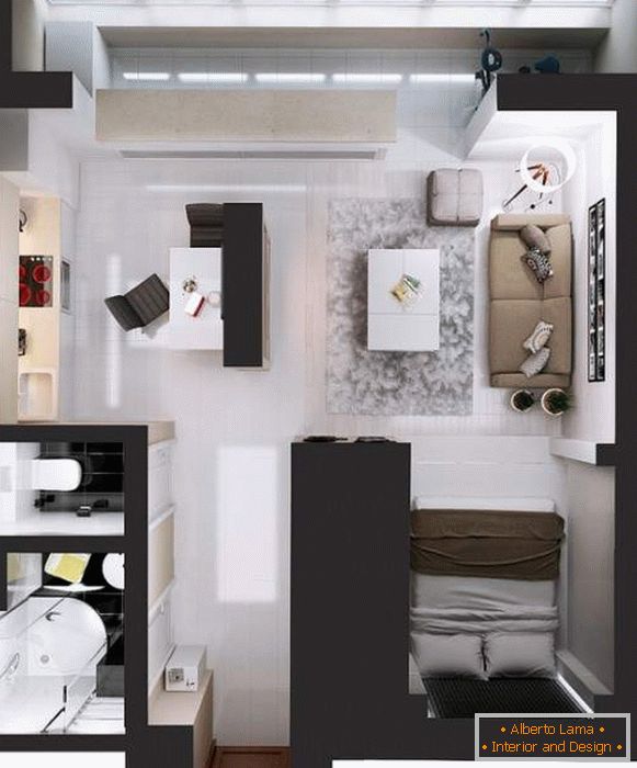 Студио за студио за дизайн - как да разделите спалнята и антрето