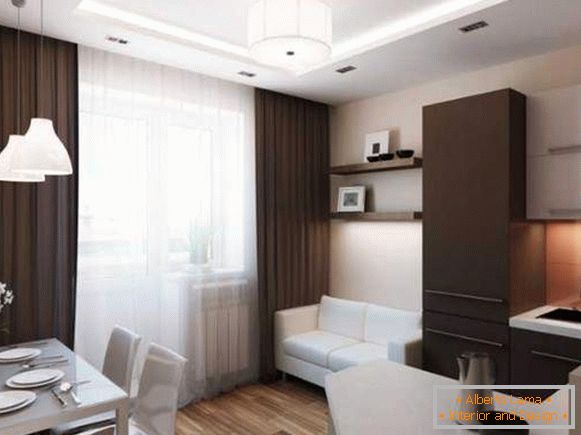 Дизайн на малък едностаен апартамент: кухня в хола и отделна спалня