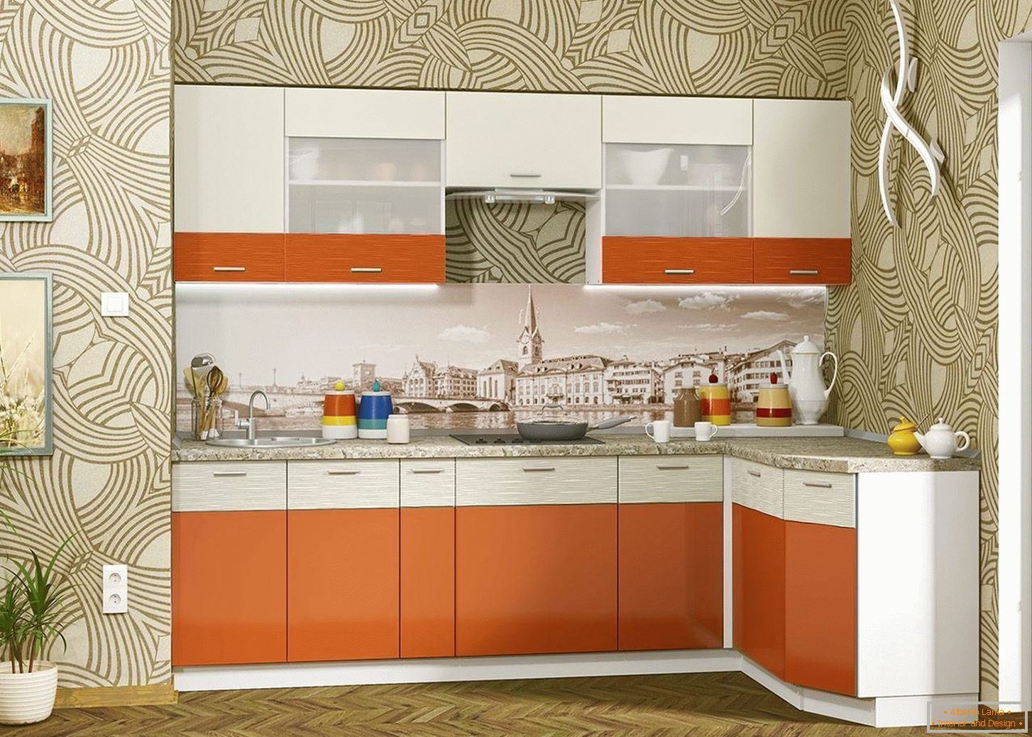 Компактна кухня в оранжев цвят