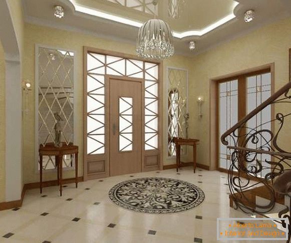 Луксозна зала с стълбище в частна къща - интериорен дизайн