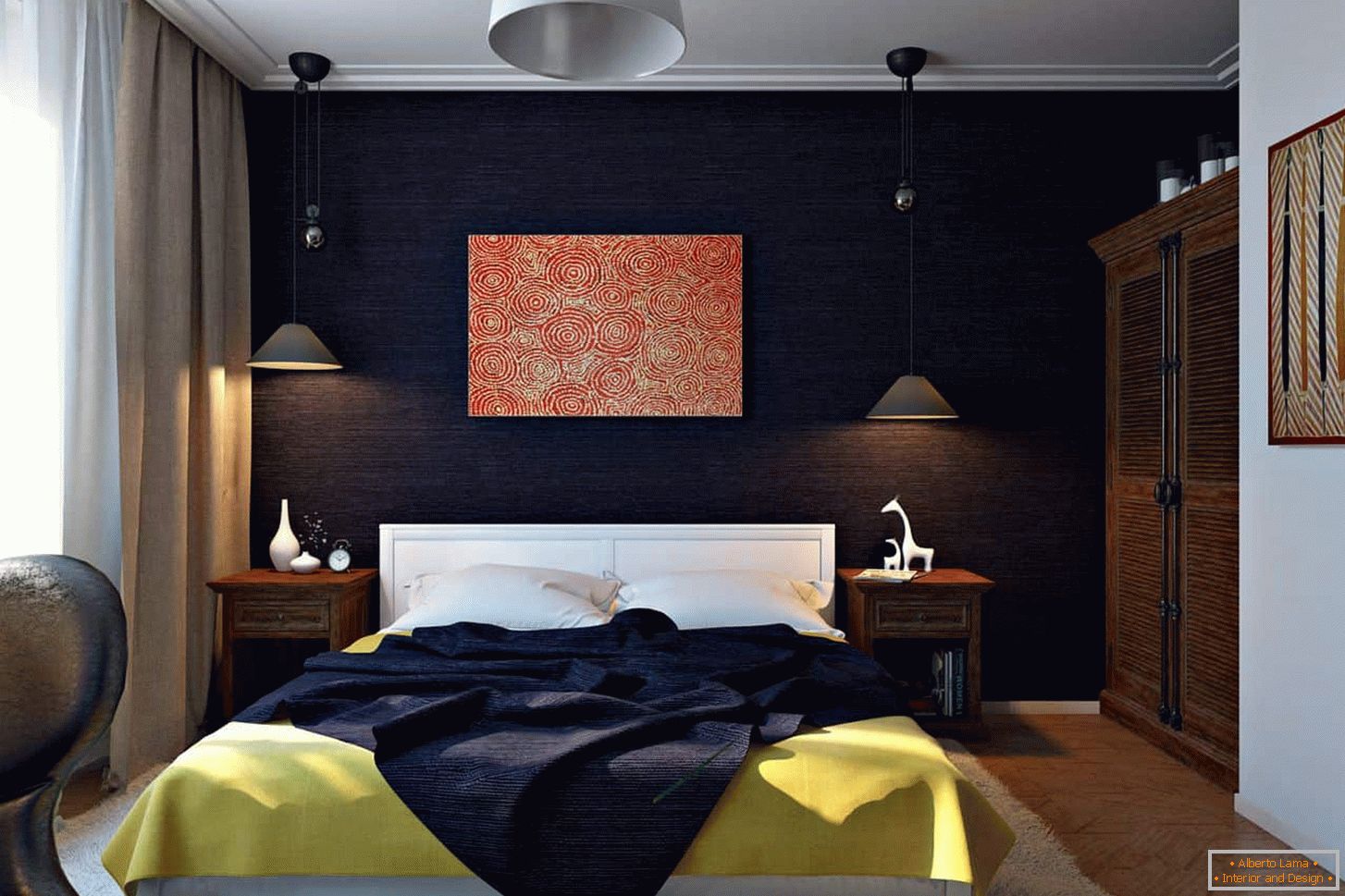 Патладжан цвят в декорация на стените на спалнята