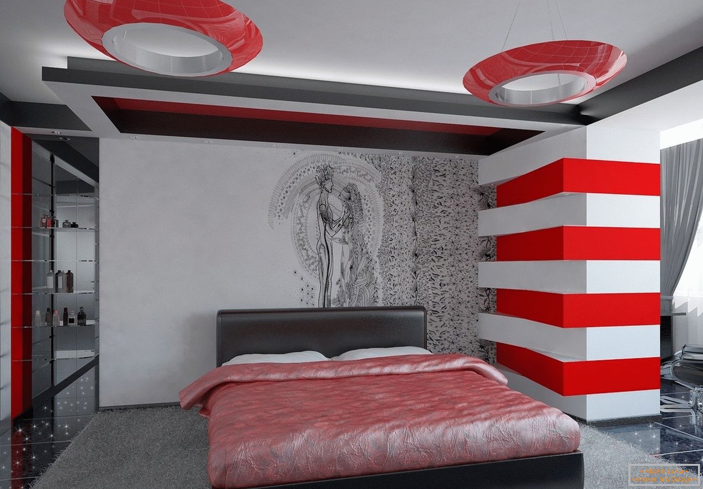 Ярки цветове във вътрешността на спалнята в стила на високите технологии