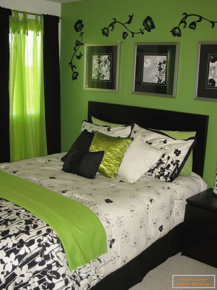 Комбинацията от зелено и черно във вътрешността на спалнята