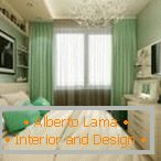 Елегантен интериор в спалнята в зелени и бели цветове
