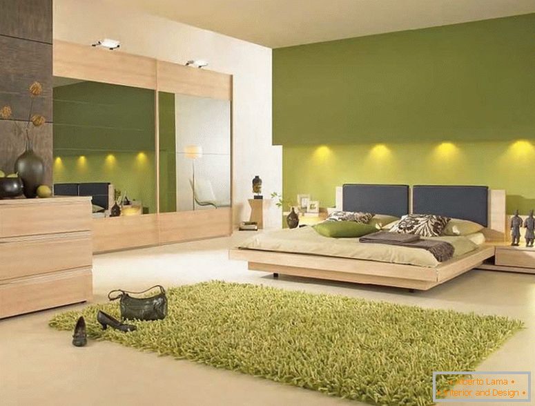 Интериор в спалня в зелени цветове с подсветкой 