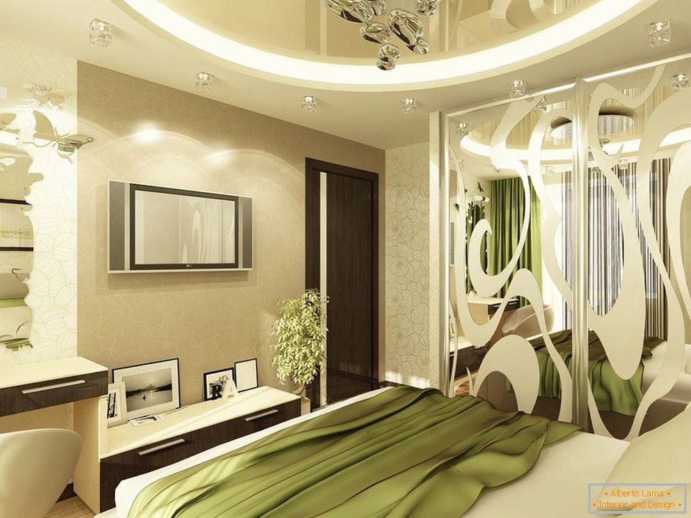 Интериорът на спалнята в зелени и светли бежови тонове