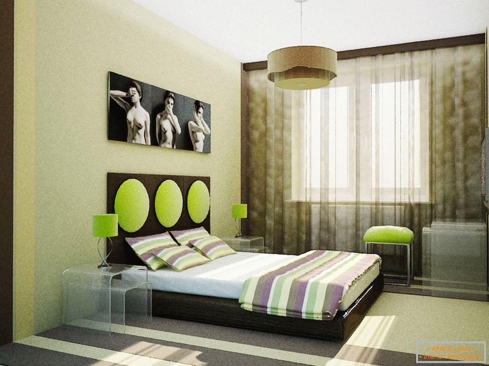 Необичайна дизайна на спалнята в бежови зелени цветове