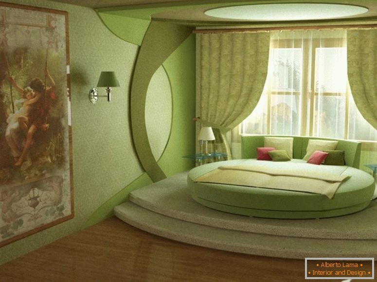 Зелена спалня с кръгло легло