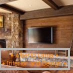 Красив интериор на хола, изработен от камък и дърво