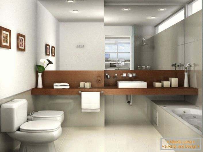 Банята в стила на минимализма е декорирана в светлосиви нюанси. Гледката се привлича от голямо огледало, което заема цялата стена над мивката.