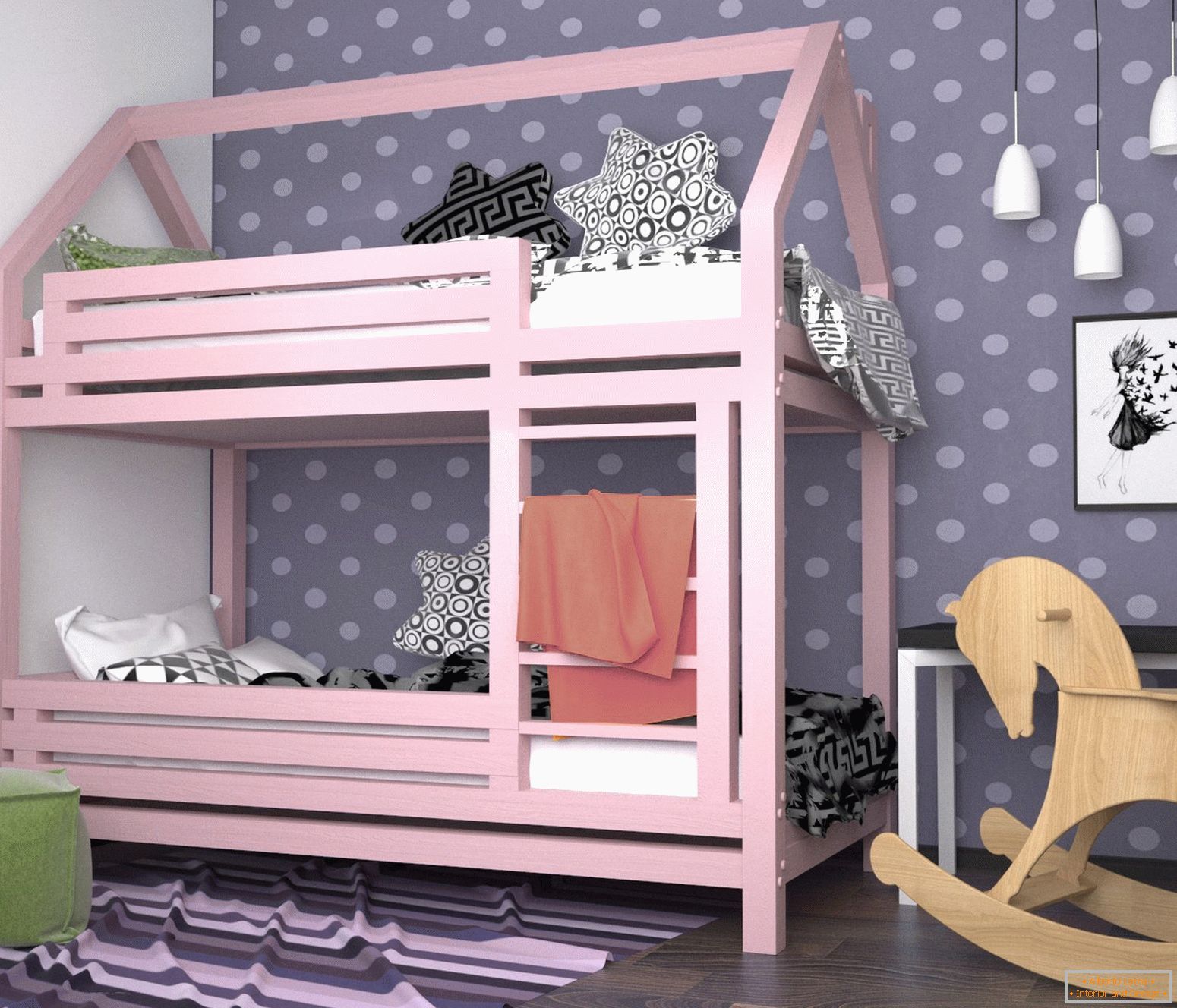 Розово двуетажно легло в детска стая за момиче