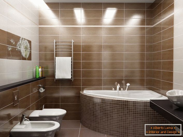 За декора на банята в модерен стил беше използван панел с глухарче. Лесен, безкомпромисен интериор в модерен стил. 
