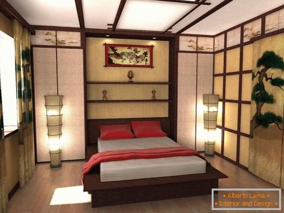 Японски етнически стил в интериора - спалня за снимки