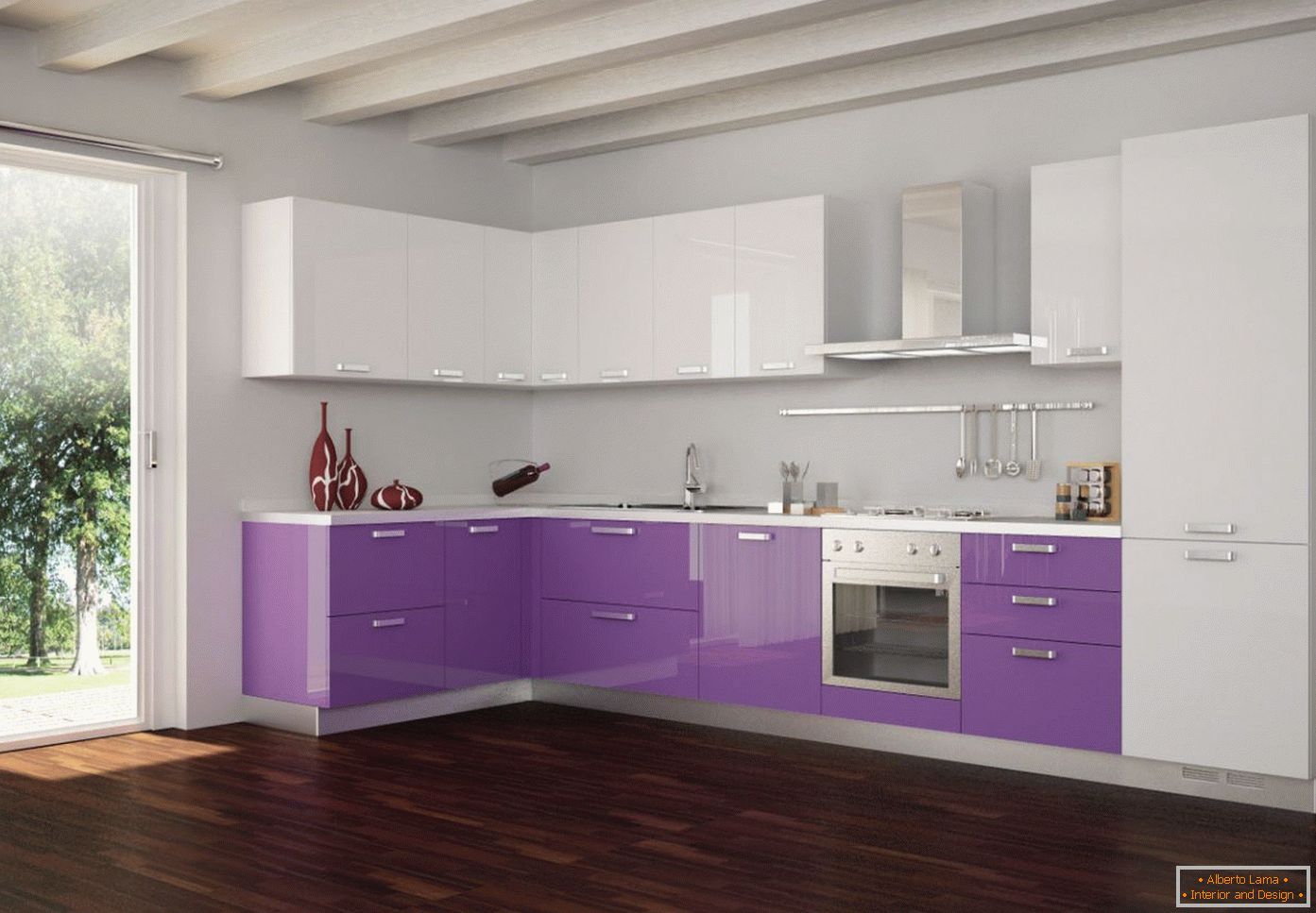 Лилаво и бяло в дизайна на кухнята