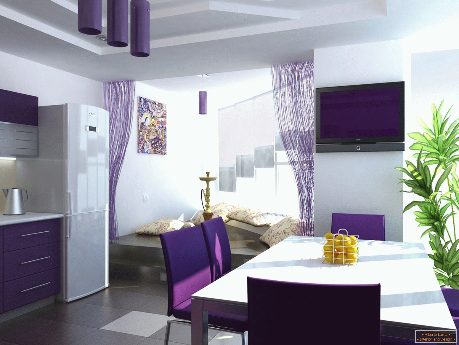 Виолетови завеси в кухнята