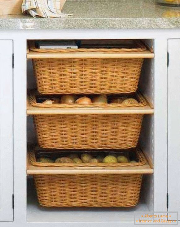 Съхранение на зеленчуци и плодове в кухнята в кошници