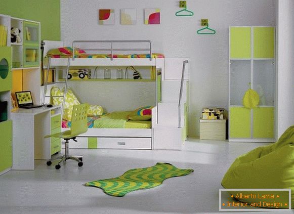 Модерен дизайн на интериора на детската спалня в светлозелена цветова схема