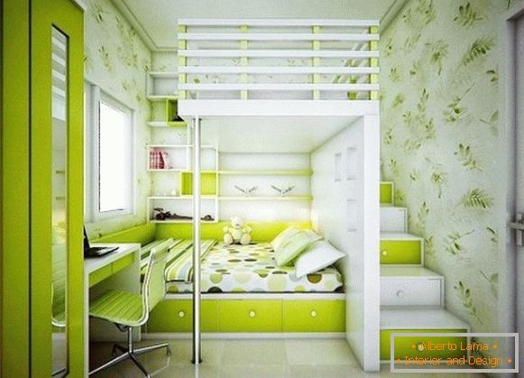 зелёный интериор на детска спалня для двух девочек