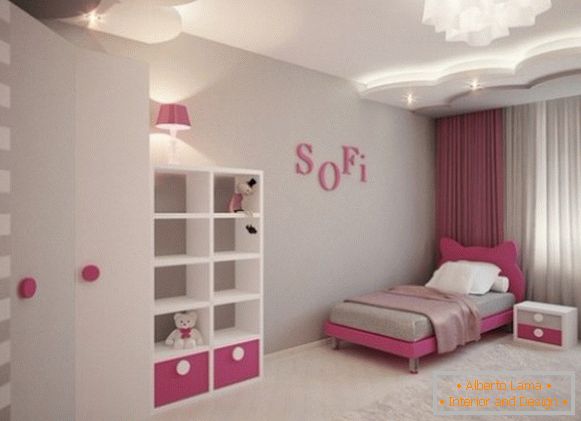 просторный серо-розовый интериор на детска спалня