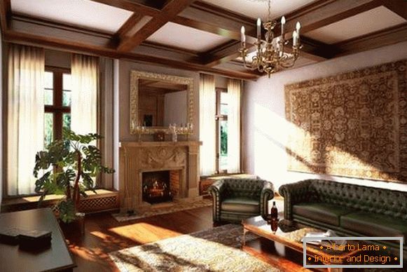 Интериорът на хола с камина в частна къща - класически стил