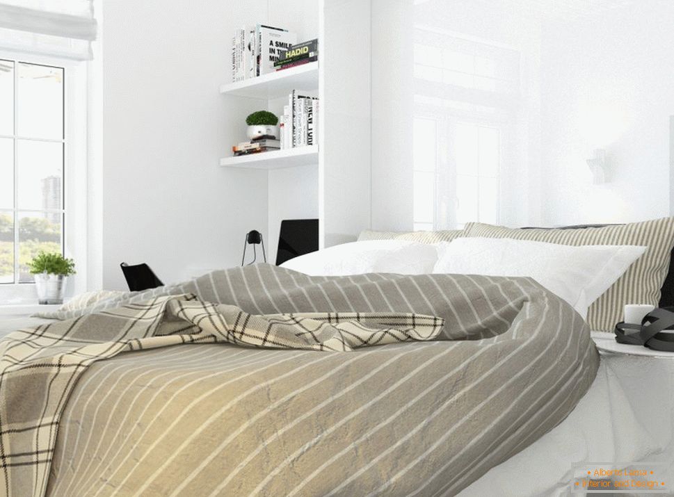 Интериорен дизайн на спалня в стила на бял минимализъм