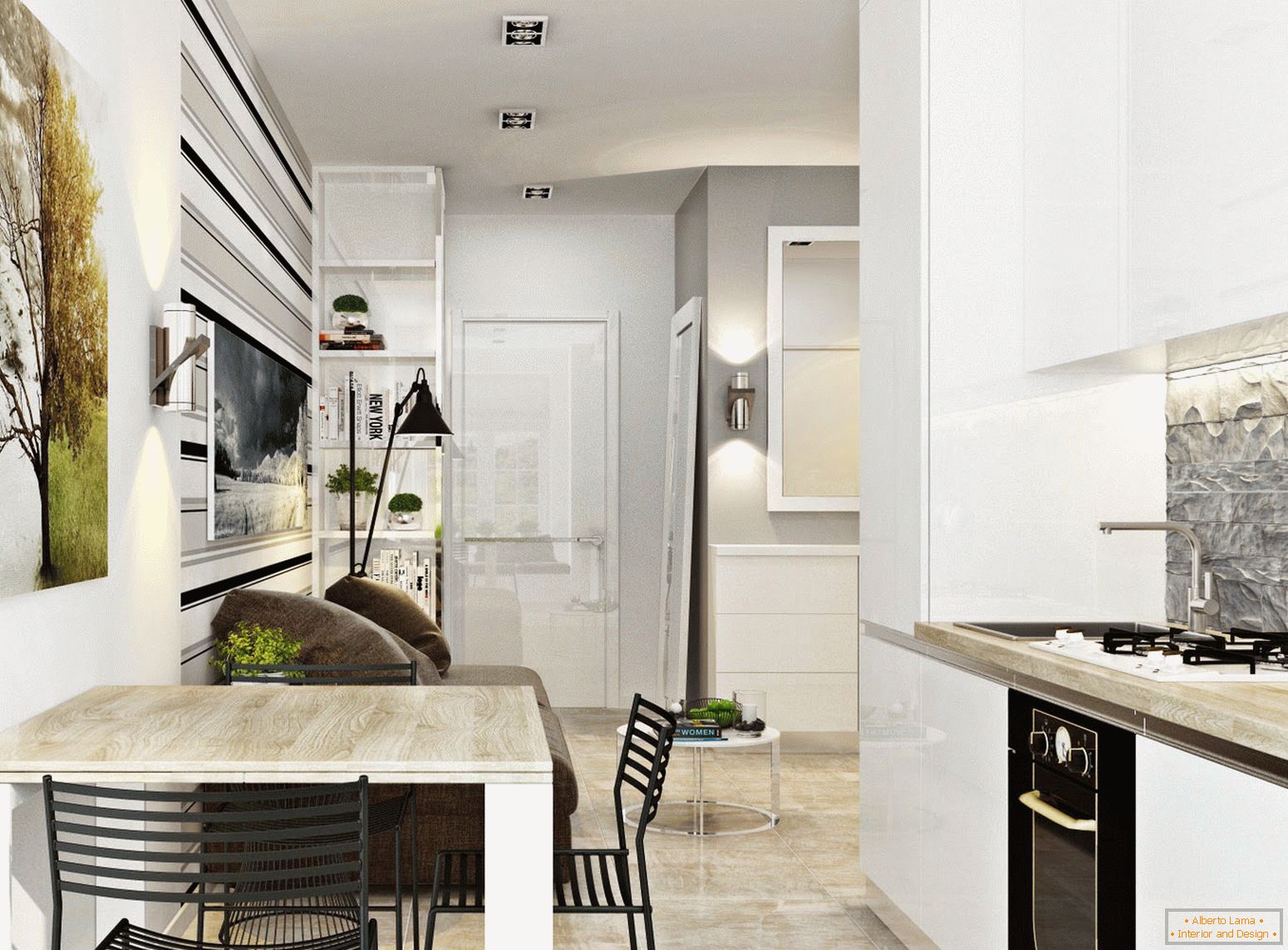 Интериорът на кухнята и трапезарията в стила на бял минимализъм