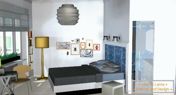 Интериор на малък апартамент: спалня със съблекалня