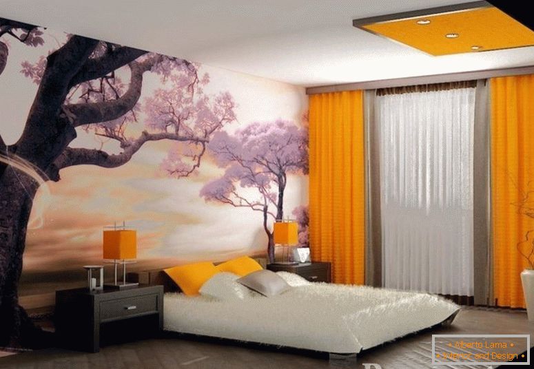 Фото тапети със сакура и оранжеви завеси в спалнята
