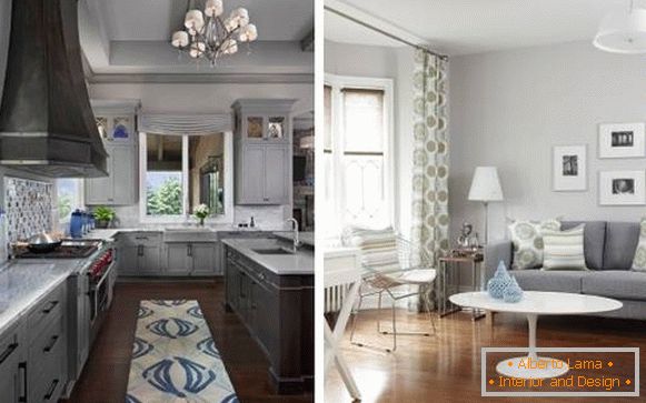 Сив цвят във вътрешността на кухнята и хола - селекция от снимки
