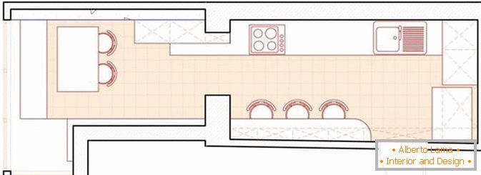 Оформлението на дългата тясна кухня с балкон
