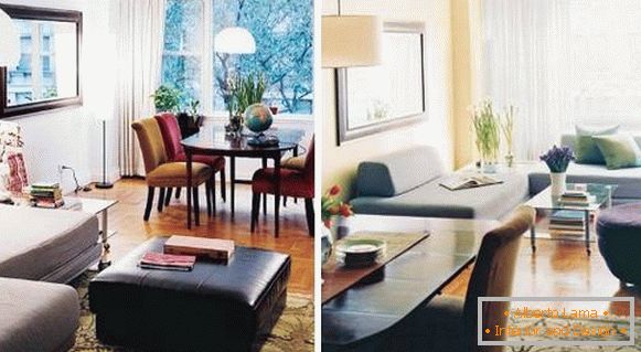 Разположение на залата преди и след пренареждане на мебелите върху снимката