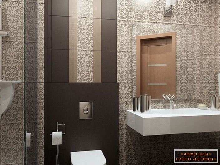За декора на банята, дизайнерът вдигна керамични плочки в стил Арт Деко. Сложният модел на удължена форма прави визуално високите тавани.