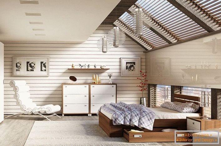 Спалнята на таванския етаж в скандинавски стил е украсена с модулни мебели.