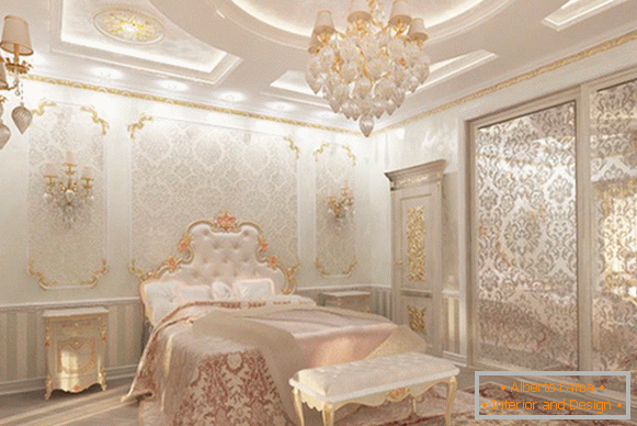 Интериорът на спалнята с мазилка в стила на лукса
